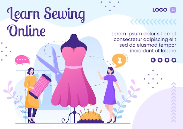 Vector sewing or tailor classes brochure template flat illustration of square background for social media