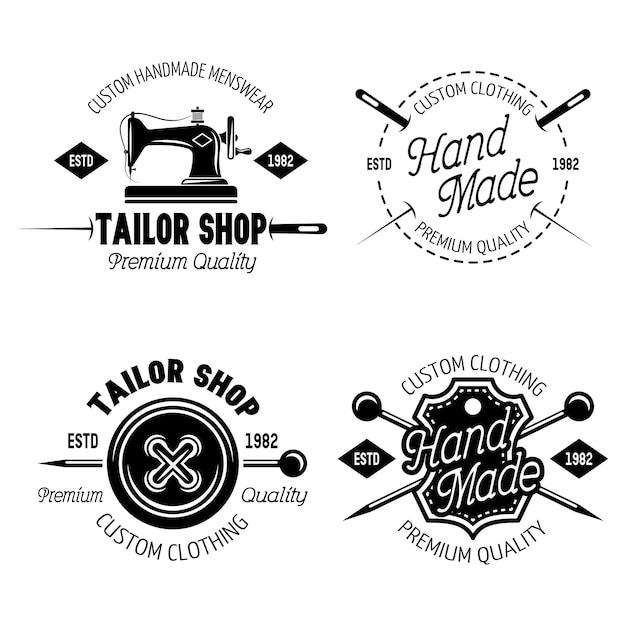 Vector sewing and tailor shop set of four vector monochrome emblems labels badges or logos isolated on white background