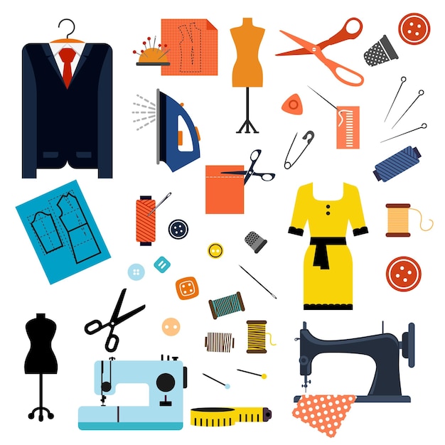 Vector sewing or tailoring flat icons and items