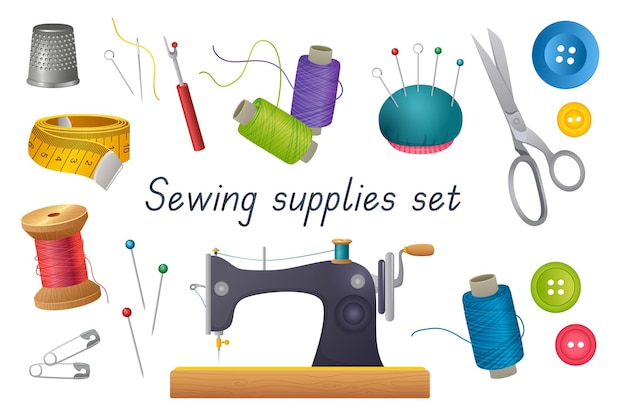 Sewing tools 3d realistic set vector illustration isolated elements