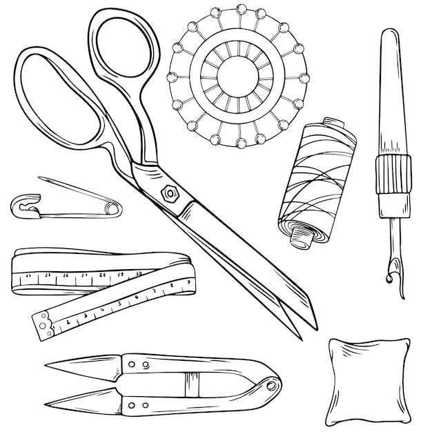 Vector sewing tools set one line drawing single continuous line sketch