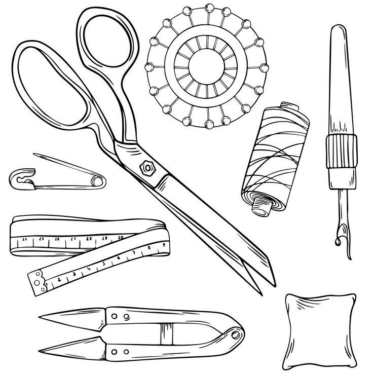 Vector sewing tools set one line drawing single continuous line sketch