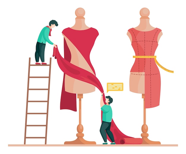 Vector sewing workshop atelier custom clothing big mannequins with measuring tape and tiny man seamstress standing on the stairs and measuring the dress on the mannequin flat design vector illustration