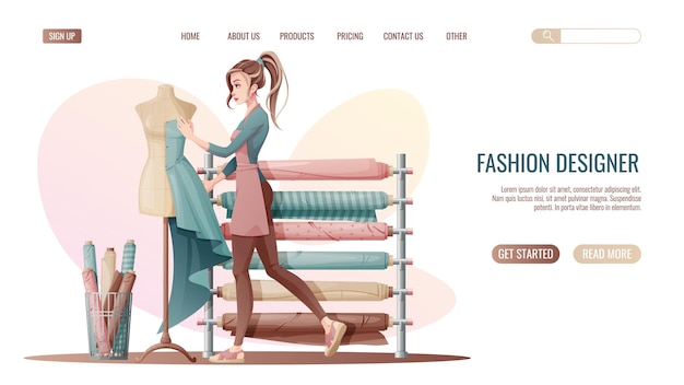 Вектор Целевая страница швейной мастерской или шаблон веб-баннера женщина-швея создает платье на манекене модельер или портной