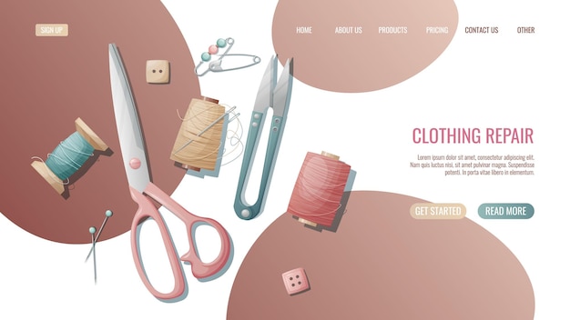 Vector sewing workshop landing page or web banner template hand drawn illustrations of sewing tools scissors threads needles creative atelier profession