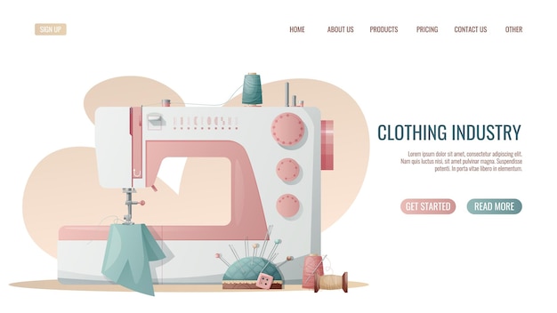 Sewing workshop landing page or web banner templateHand drawn illustrations of sewing tools sewing machine Premade landing for dressmaking tailoring school