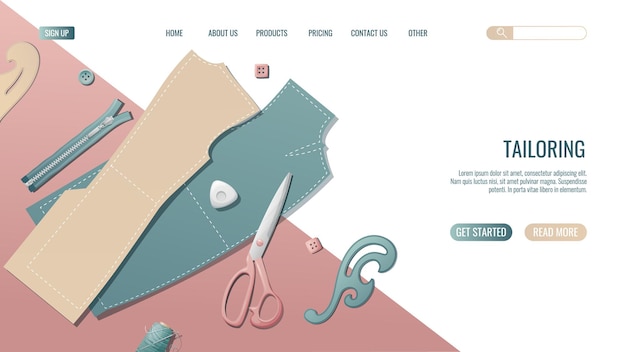 sewing workshop landing page or web banner templatehanddrawn illustrations of sewing tools pattern scissors template premade landing for dressmaking tailoring school