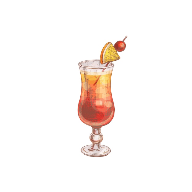 Vector sex on the beach cocktail with cherry and lemon in highball glass. vintage hatching vector color illustration. isolated on white background