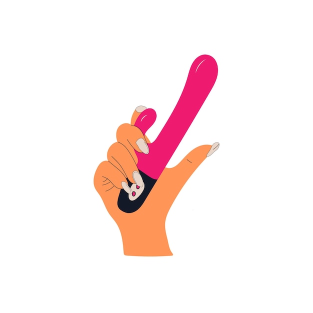 Sex life, a hand with colorful manicure holding a silicone massager vibrator. Vector