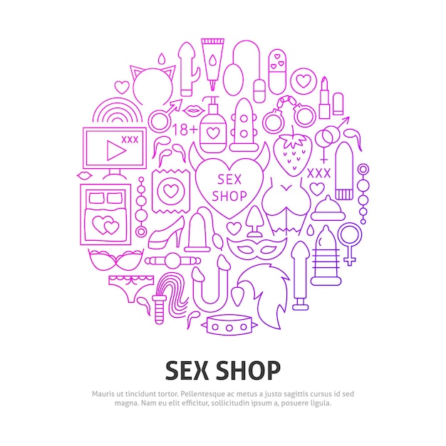 Sex Shop Circle Concept. Vector Illustration of Outline Design.