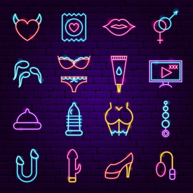 Sex shop neon icons. vector illustration of adult toys promotion.