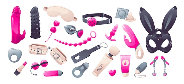 sex toys set erotic accessories for bdsm cartoon vector illustration