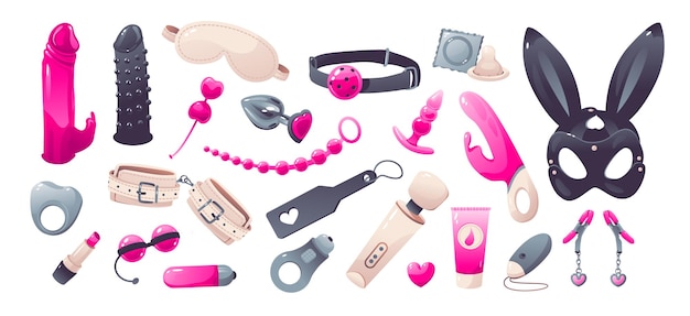 Sex toys set Erotic accessories for bdsm Cartoon vector illustration