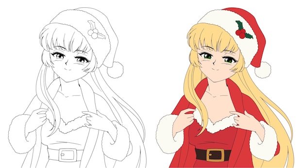 Сексуальная аниме женщина в костюме Рождества Санта с подарком Контурное изображение для раскраски