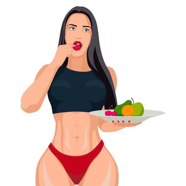 Sexy beautiful sportswoman fit girl model with gorgeous fitness body shape eating organic fruits and