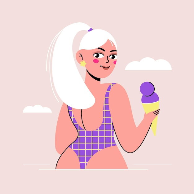 Sexy blonde with cherry ice cream modern portrait in flat style