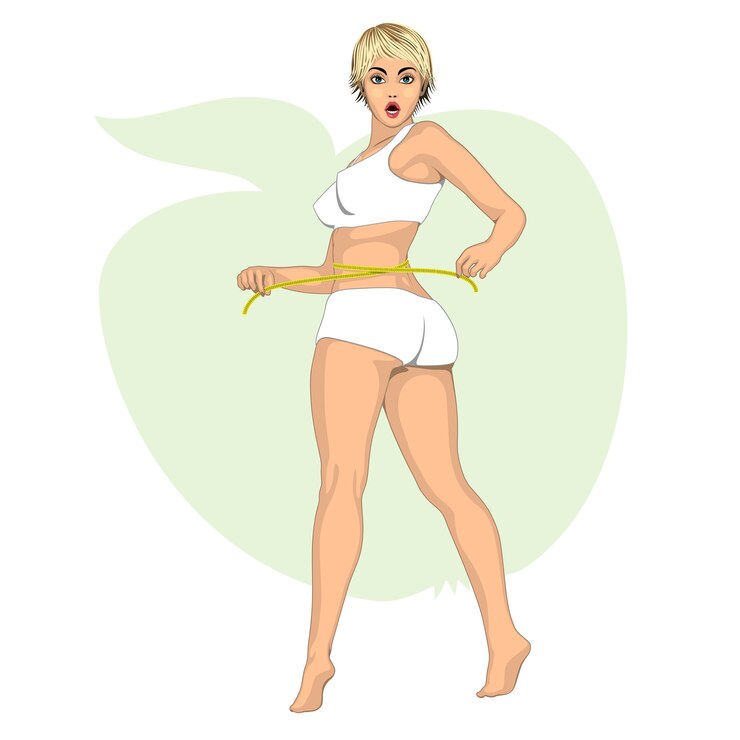 Vector 彼女のウエストラインを測定する完璧なボディを持つセクシーなブロンドの女性