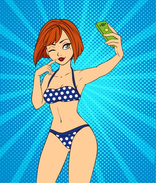 섹시 만화 소녀는 selfie를 걸립니다. 팝 아트 스타일 손으로 그린 그림. 빨간 머리와 파란 수영복 소녀입니다. 게임, 카드, 잡지, 포스터, 티셔츠, 만화에 사용할 수 있습니다.