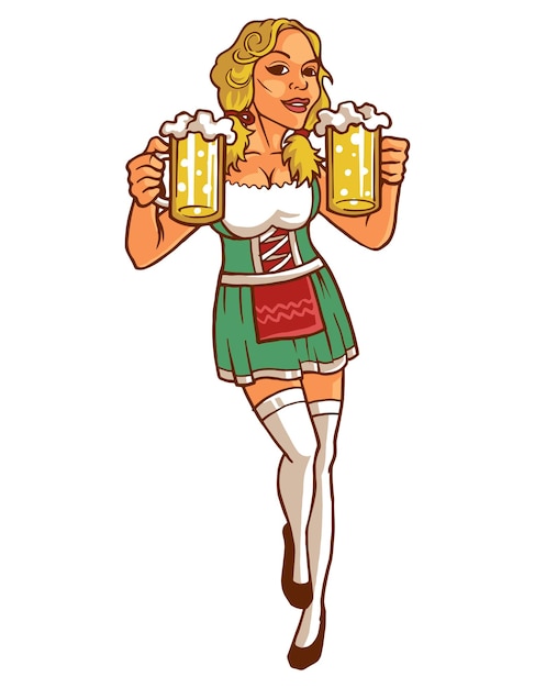 옥토버 페스트를 축하하는 춤과 맥주를 마시는 전통적인 바이에른 옷을 입고 섹시한 여자