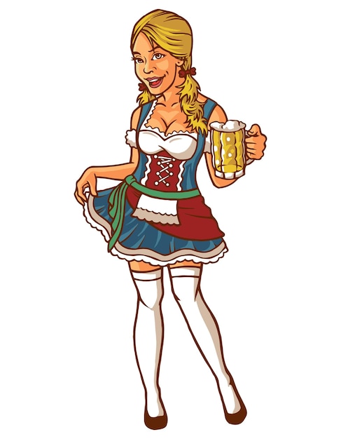 옥토버 페스트를 축하하는 춤과 맥주를 마시는 전통적인 바이에른 옷을 입고 섹시한 여자