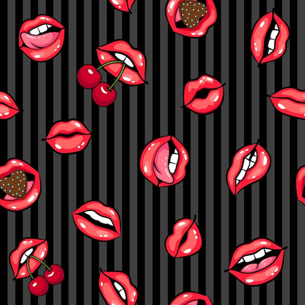 Сексуальные губы бесшовные модели. мультфильм красивые романтические улыбки с ягодами и сердцами, векторная иллюстрация гламурных губ с зубами и языком, концепция чувственных поцелуев