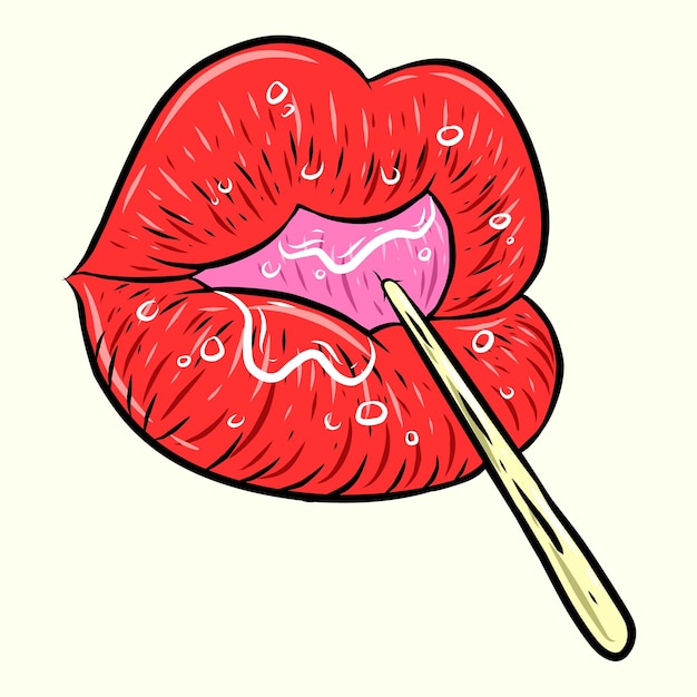 Sexy lips with lollipop Vector illustration of mouth and candy Retro style pop art