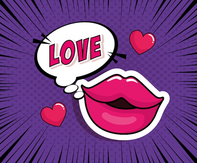 Vettore labbra sexy con lettere d'amore in stile pop art