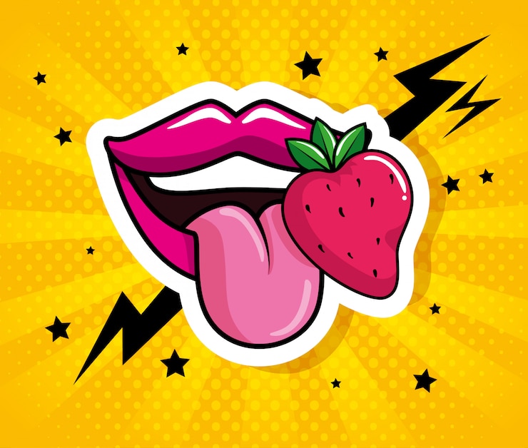 Vector sexy lips with strawberry pop art style
