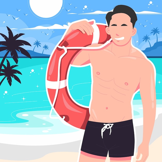 Sexy man posing with buoy on the beach illustration