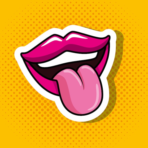 Sexy mouth with tongue out in yellow pop art style