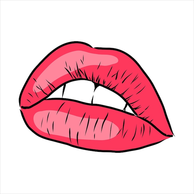 Sexy plump lips kiss pink watercolor and line art Hand drawn vector illustration isolated lips