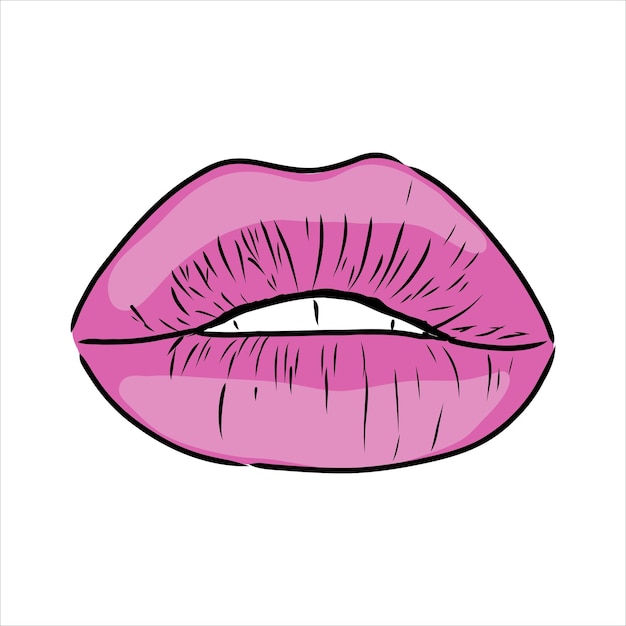 Sexy plump lips kiss pink watercolor and line art Hand drawn vector illustration isolated lips