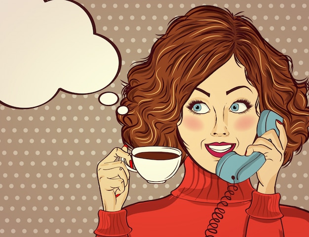 Sexy pop-artvrouw met koffiekop. Adverteren poster in komische stijl.