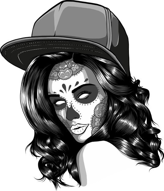 sexy sugar skull girl with hat on white background