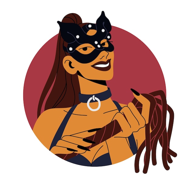 Sexy vrouw hoofd avatar Verleidelijk brutaal vrouwelijk personage in leer latex kat masker op gezicht zweep in hand Meisje verleider portret gebruikersprofiel Platte vector illustratie geïsoleerd op witte achtergrond