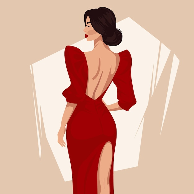 Vector sexy woman in an elegant red backless dress with puff sleeves and a slit on the leg