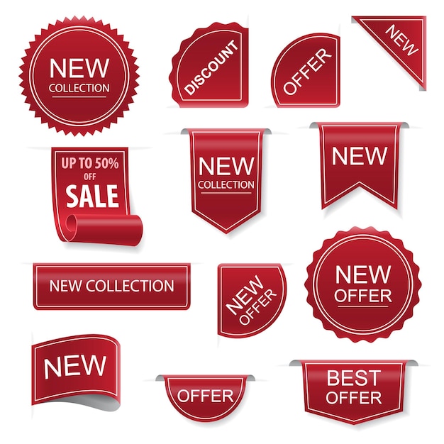 Sey of price tags. Ribbon sale banners isolated. New collection offers. Vector Illustration