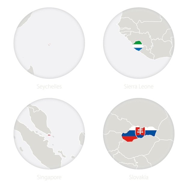 Seychellen, sierra leone, singapore, slowakije kaart contour en nationale vlag in een cirkel. vectorillustratie.