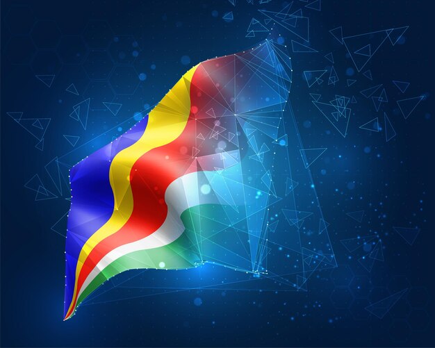 Seychellen, vlag, virtueel abstract 3D-object van driehoekige polygonen op een blauwe achtergrond