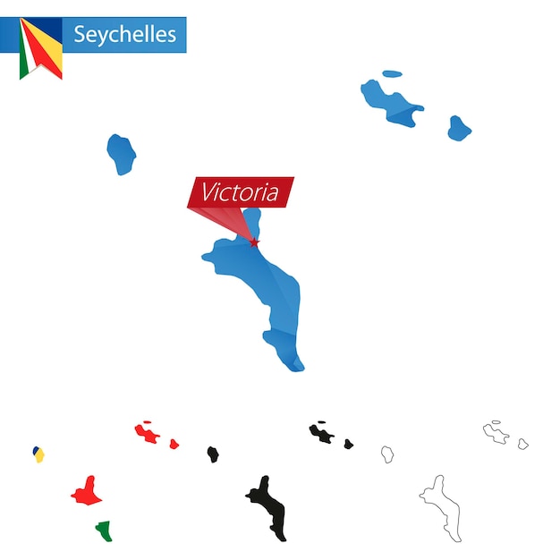 Mappa low poly blu delle seychelles con capitale victoria