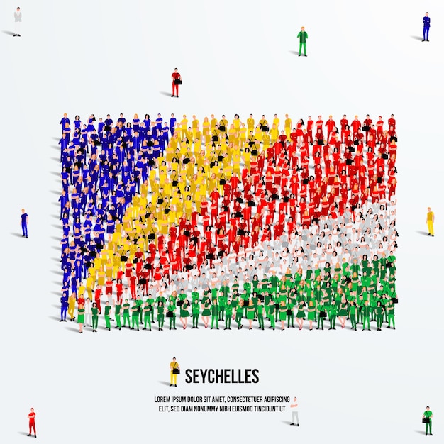 Seychelles Flag. A large group of people form to create the shape of the Seychelles flag. Vector.