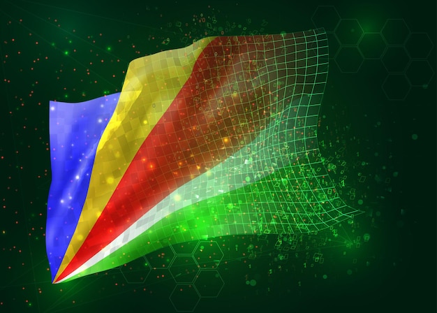 Seychelles, on vector 3d flag on green background with polygons and data numbers