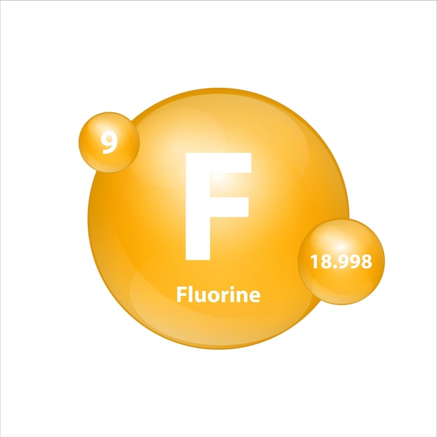 Vector sfluorine f icon structure chemical element round shape circle yellow dark with atomic number