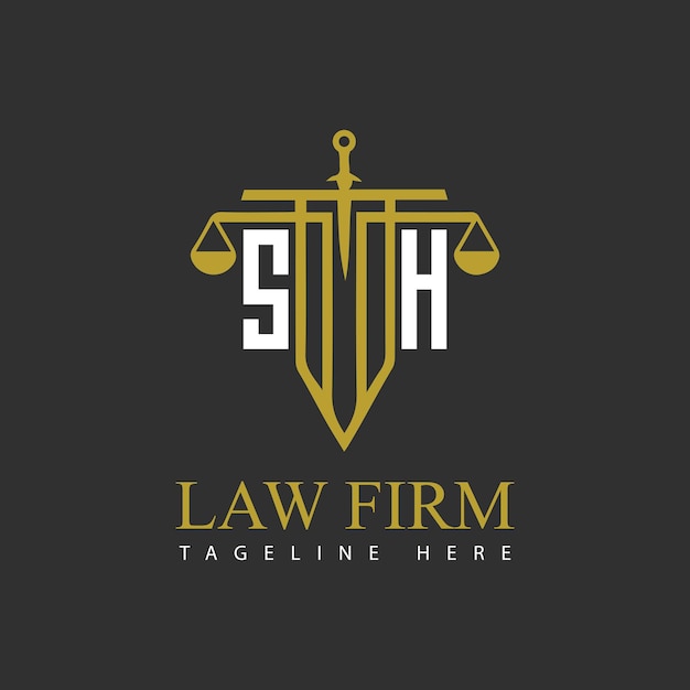 SH initiële monogram voor advocatenkantoor logo met zwaard en schaal