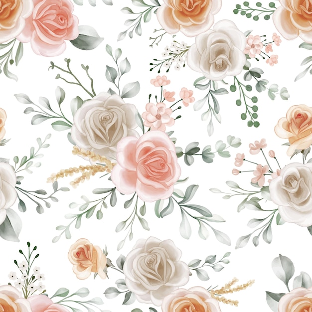 Shades of Peach Soft Orange and White Roses Seamless Pattern Background