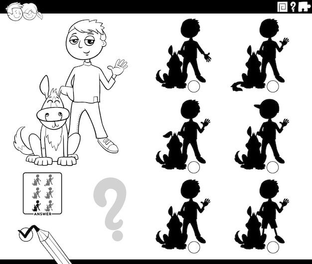 shadow activity with cartoon boy and his dog coloring page