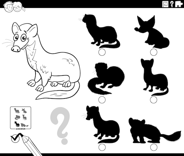 Shadow game with cartoon weasel animal character coloring page