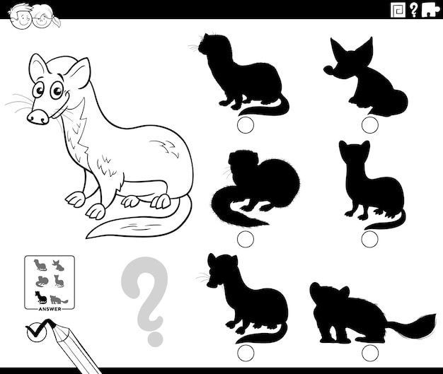 Gioco di ombre con la pagina di colorazione del personaggio animale donnola dei cartoni animati