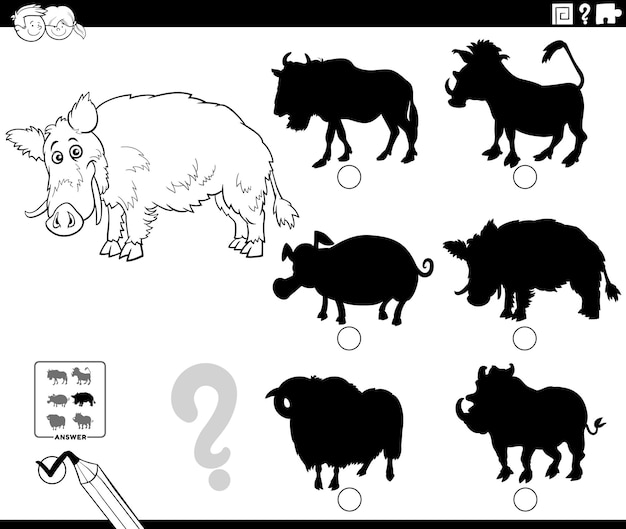 Vector shadow game with cartoon wild boar animal coloring page