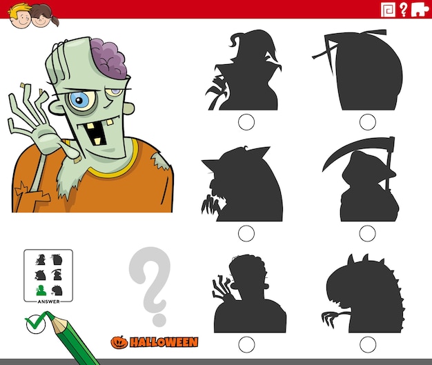 Shadow game with cartoon zombie on halloween coloring page